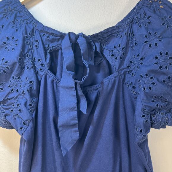 J. Crew Eyelet Puff Sleeve peasant embroidered top Medium Navy Blue Bow back - Picture 5 of 11